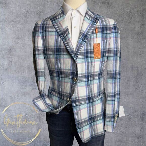 $295 TALLIA Mens Blazer Sport Coat Two Button Jacket 46R LINEN Blue/Navy Plaid - Picture 1 of 8